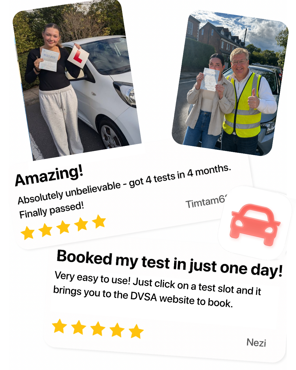 App Store reviews from drivers who passed, alongside photos of them holding their certificates